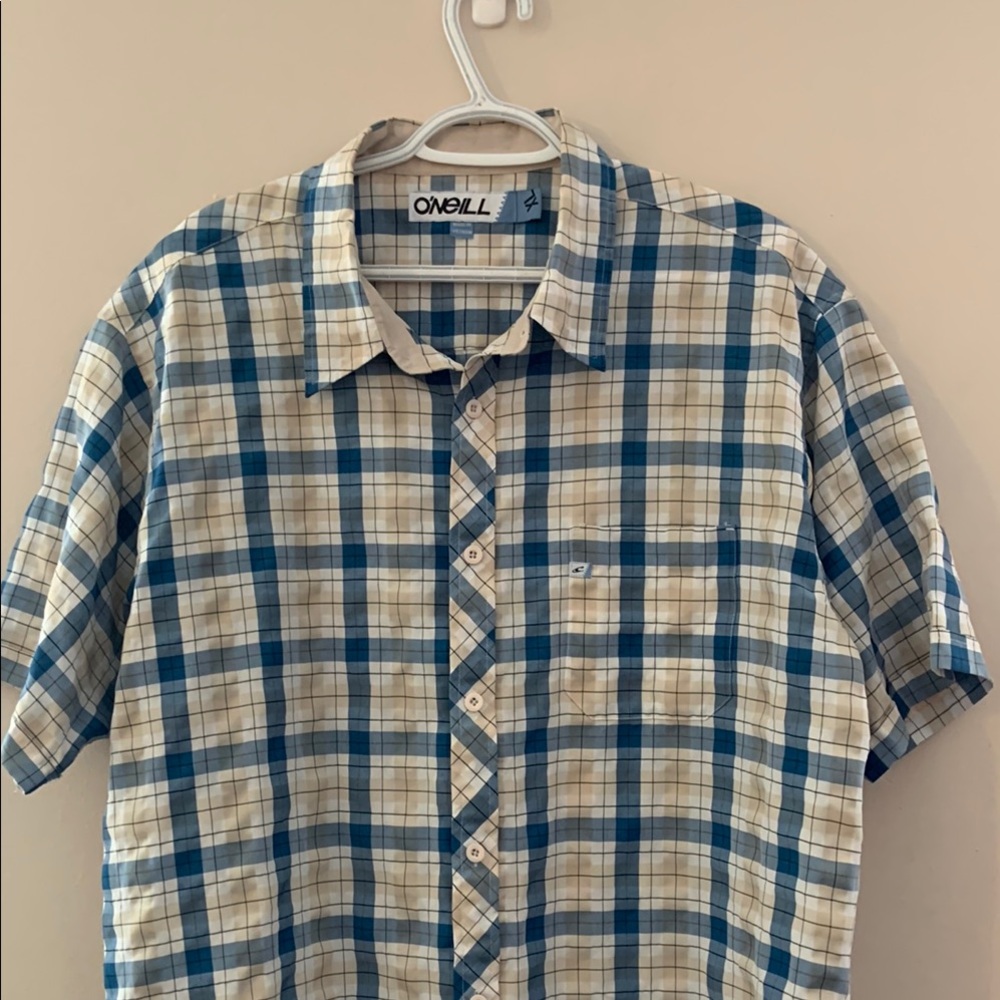 O'Neill Blue and Tan Plaid Men's Button Down Shirt With Front Pocket